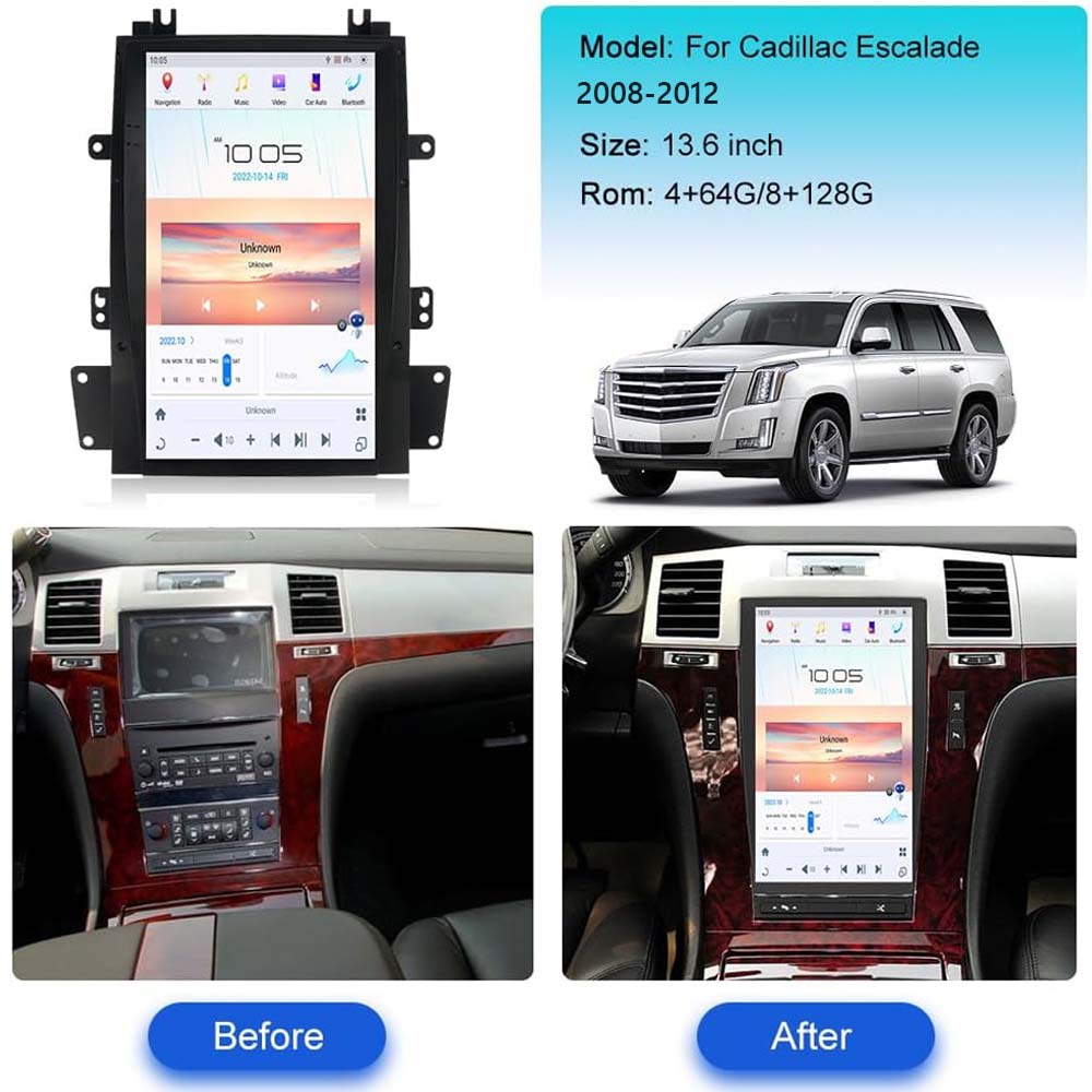 13.6 inch Car Radio for Cadillac Escalade 2008-2012 Car Stereo Replacement Tesla-Style Screen with Wireless CarPlay Android Auto