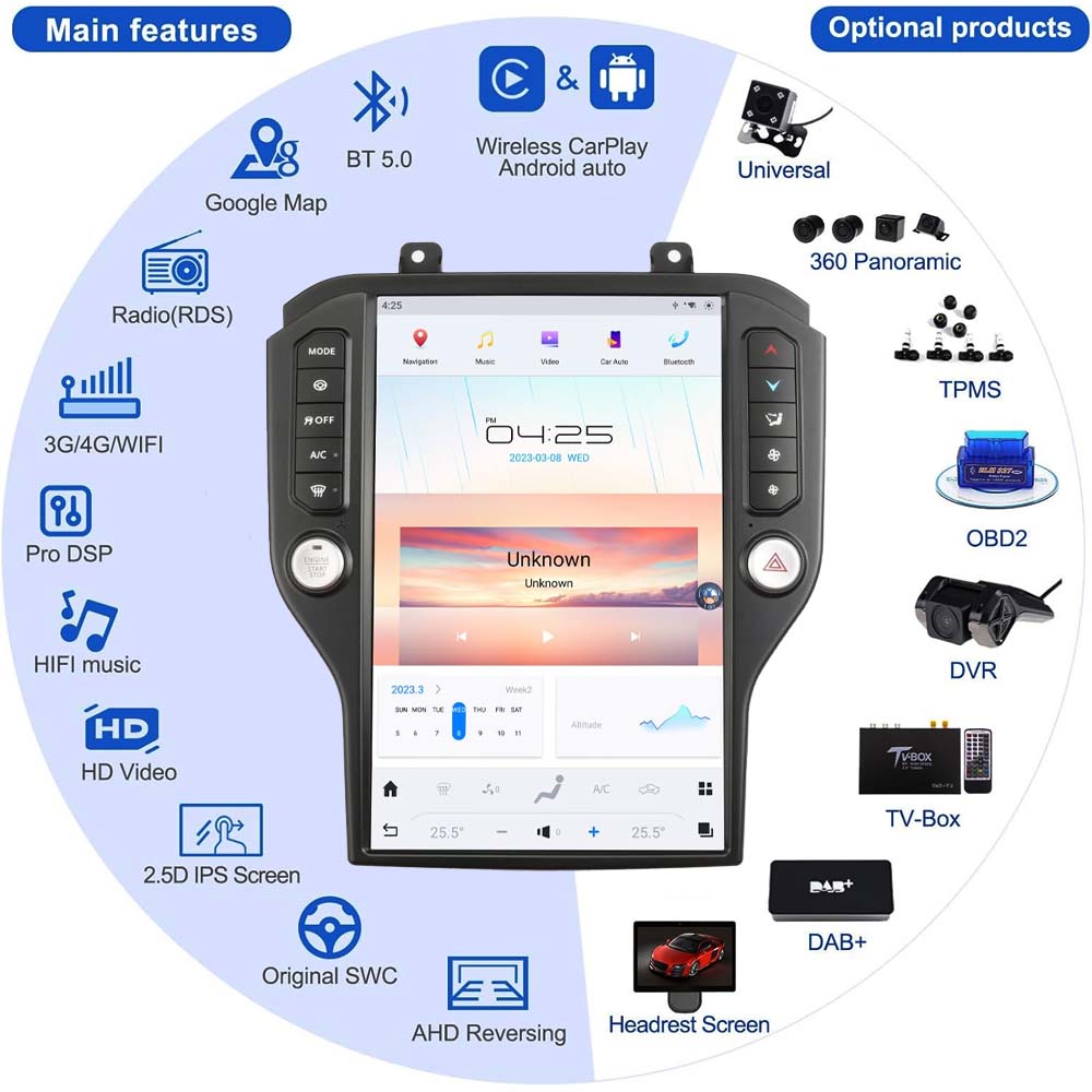Ford Mustang 2015-2020 Tesla-Style Vertical Touch Screen Multimedia Player